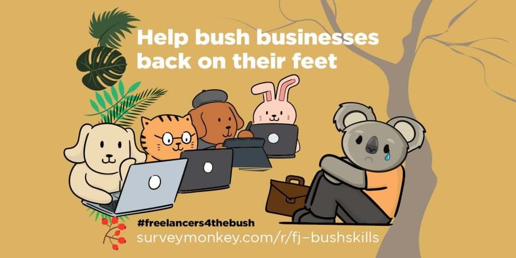 An illustration of Australian wildlife and pets coming together to help a crying koala under the heading of skills for the bush to help Australian businesses recover from the 2019 and 2020 bushfires.