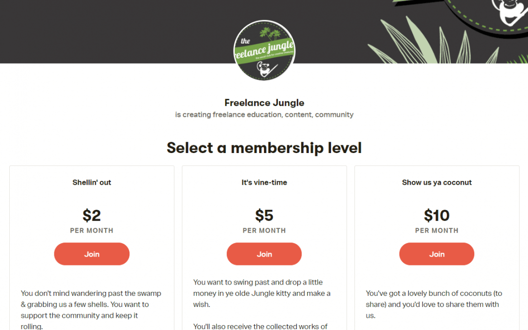 Shot of the Freelance Jungle main landing page to demonstrate how to crowdfund your work. It features a membership selection between $2, $5 and $10 options.