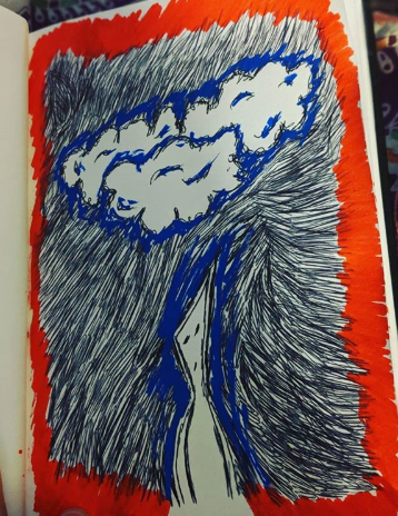 Ink pen drawing done at the height of my freelance burn out. A cloud stands over the top of a lonely triangular shaped figure. The sky is black sketched lines and a red border pins the shadowed figure to the page with squinted eyes and set mouth.