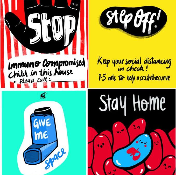 4 posters instruct people to stop at the door due to immuno-compromised child, stay home, take their asthma medication and stay safe. Featured as part of freelance deals in the Freelance Jungle for download.