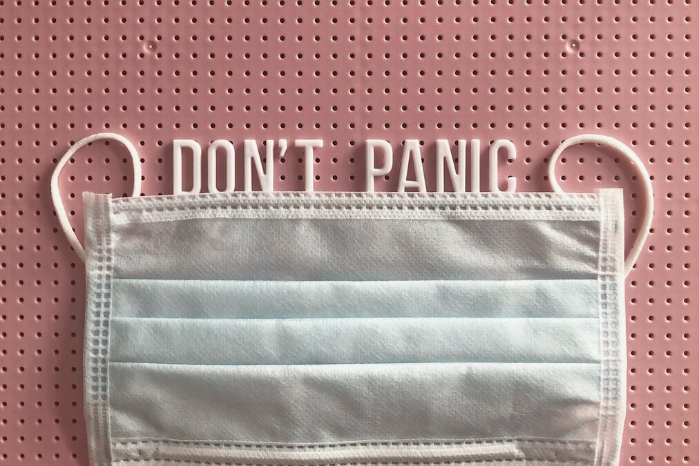 Victoria's Secret COVID mask. Freelancing in a pandemic means knowing about masks (which is featured) and not panicking (which is indicated by the 'don't panic' on the letter peg board.