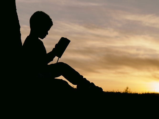 A side profile of a child reading a book at sunset under a tree to signify freelance study