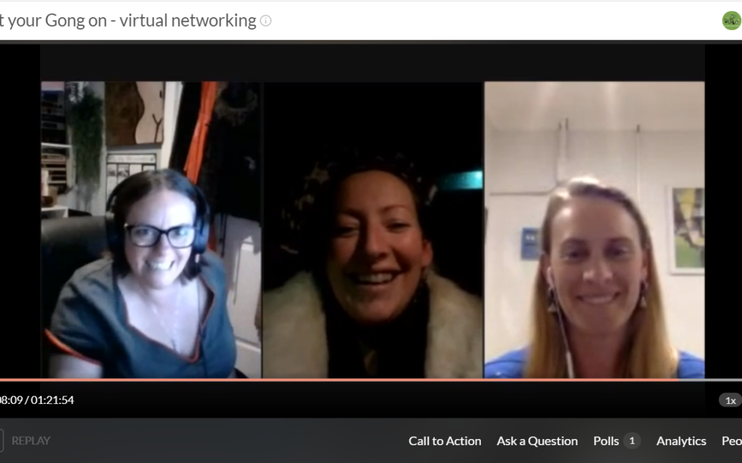 A photo of a recent Illawarra networking event held online. It features a smiling woman in glasses, another woman in a fluffy jumper with dark hair dressed for dancing and a smiling blonde with long straight hair.