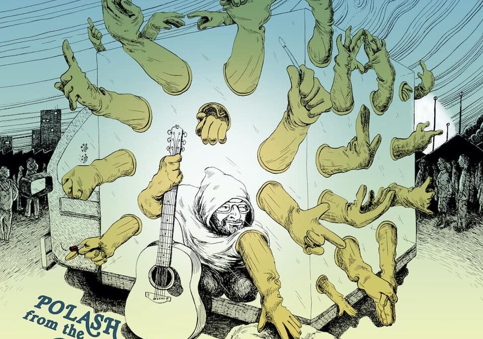 Art for Polash Larsen's album cover by Rebecca Stewart. Features a mass of arms in a sphere holding a guitar