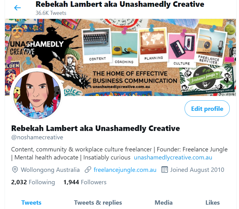 Screenshot of Rebekah Lambert's profile as the author of the article about the Twitter algorithm. It includes a corkboard that shows Unashamedly Creative and Freelance Jungle. Her avatar has shoulder length brown hair and a sialboat dress on.
