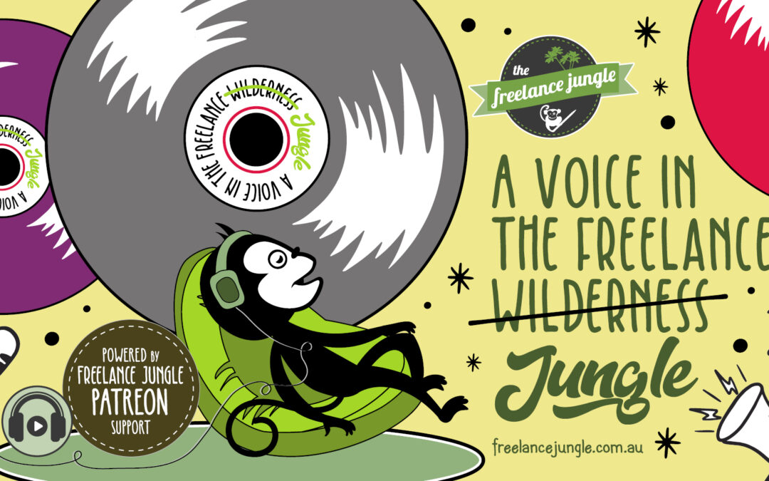 A voice in the freelance jungle podcast art includes a monkey in a beanbag