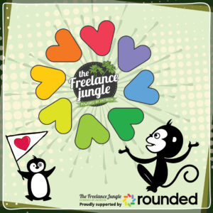 Rounded accounting and Freelance Jungle enjoy hug a freelancer promo with rounded colours and a minkey hugging the logo that hugs the freelance jungle logo