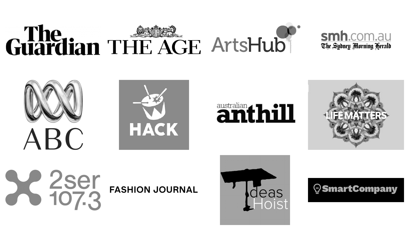 logos featuring abc, hack, smh, the age, 2ser, anthill, life matters and more