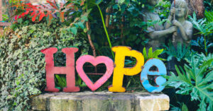 the word hope is written in coloured wooden letters in a natural setting