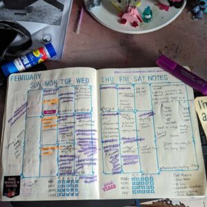 overview of a week in february in my productivity journal in pen and colour with highlighter