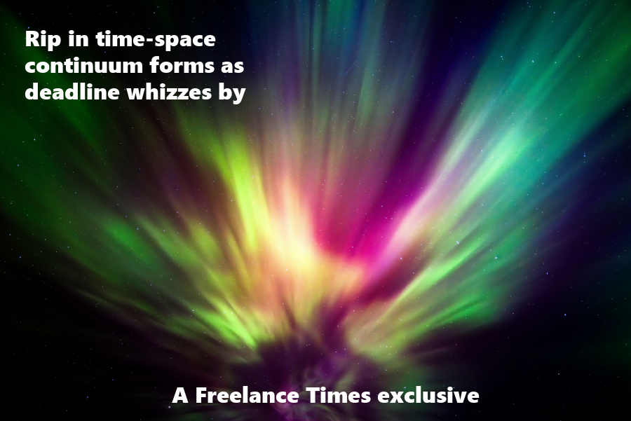 Rip in time-space continuum forms as deadline whizzes by written over lights in night sky