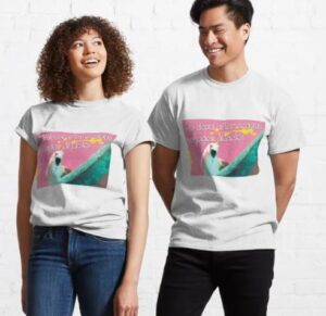 a curly haired woman and a man wear tee shirts that read "two dead in seagull manger attack" 