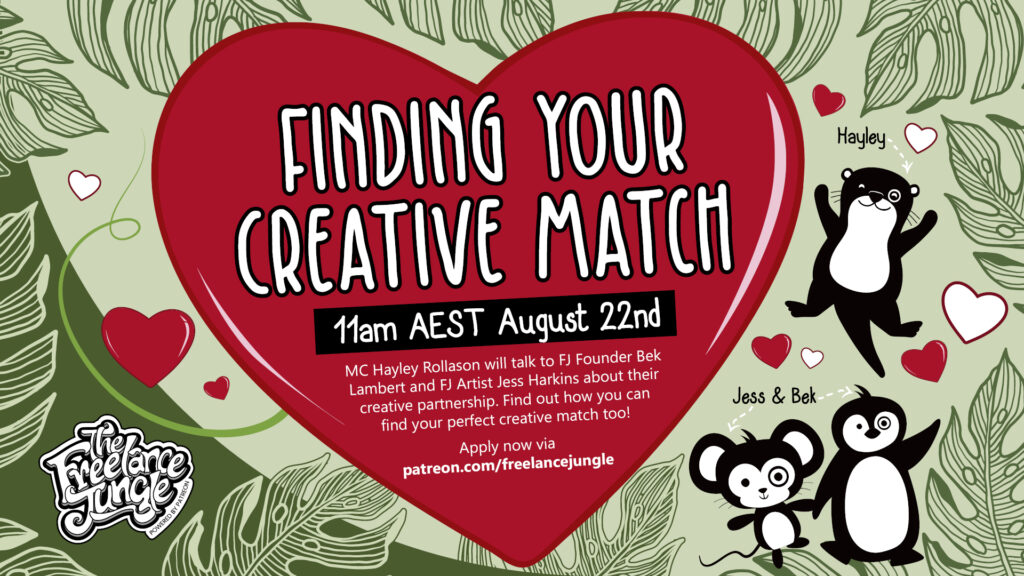 a heart shows a mouse and a penguin celebrating an event called finding your creative match