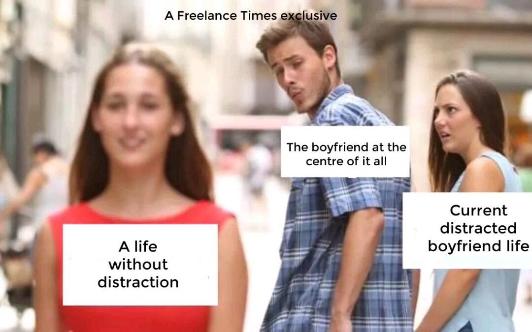 Man in distracted boyfriend stock photo tired of distraction  